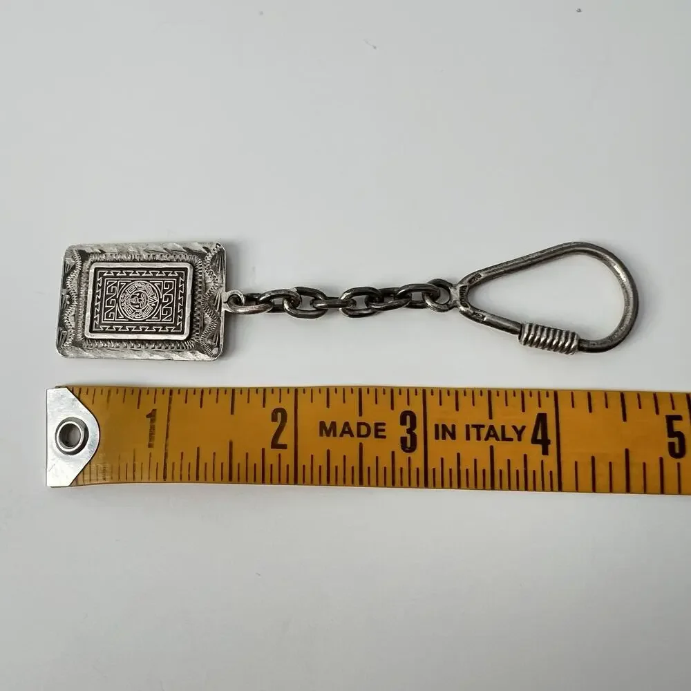 Vtg Sterling Silver 925 Mexico Rectangle Mayan Calendar Aztec Face Keychain